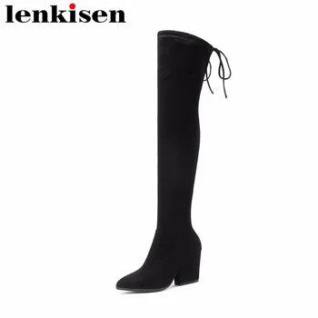 

Lenkisen bowtie classic thigh high boots pointed toe high heels big size slip on flock streetwear runway women leisure shoes L51