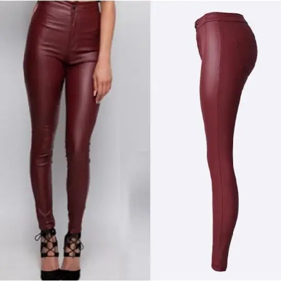 Pantalones vaqueros ajustados de talla grande para mujer, pantalón de piel  sintética con revestimiento, cintura alta, color rojo vino|pantalones mujer| pantalones mujer plushigh waist pants women - AliExpress
