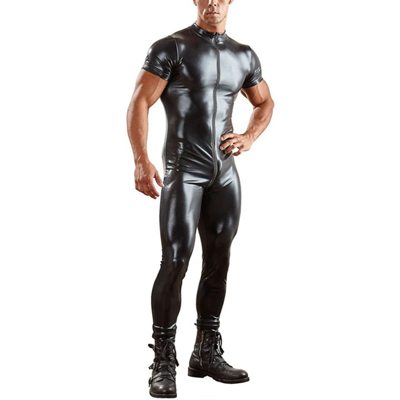 

Men Sexy wetlook Faux Leather Catsuit PVC Latex Bodysuit Gay Zipper Open Crotch Clubwear fetish hot erotic Pole Dance Lingerie