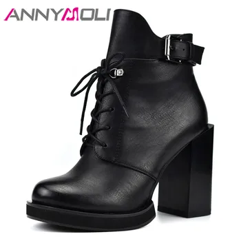 

ANNYMOLI Autumn Ankle Boots Women Shoes Buckle Platform Block Heel Short Boots Zip Super High Heel Shoes Lady Winter Size 35-41
