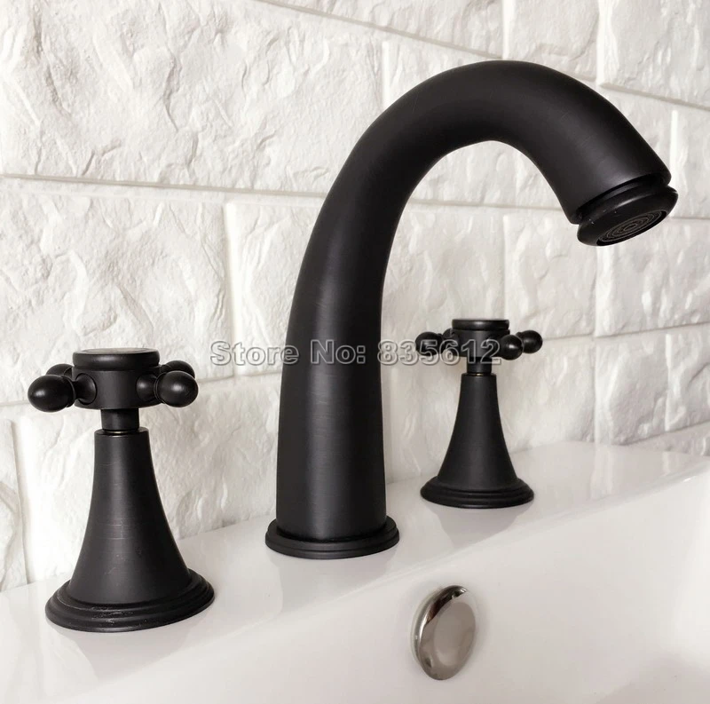 

Bathroom Basin Faucet 3-hole Black Oil Rubbed Bronze Dual Handle Vessel Sink Tap Whg058