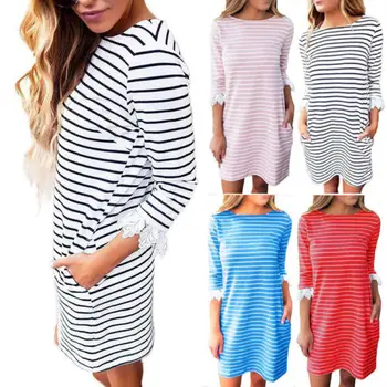 

Fashion Women Long Sleeve Loose Casual Party Evening Mini Sundress Vestidos Cotton Striped Lace Blouse Shirts Clothes Tops NEW