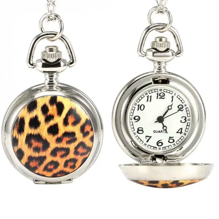 Модные Винтажные Мужские Женские кварцевые карманные часы сплав открываемый леопардовый узор свитер цепочка ожерелье кулон часы подарки