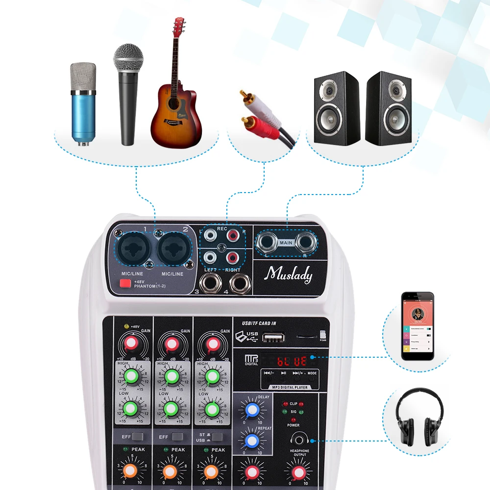 Muslady AI-4 компактная звуковая карта микшерный пульт Цифровой аудио смеситель 4-х канальный BT MP3 USB Вход+ 48V Phantom Мощность для музыки