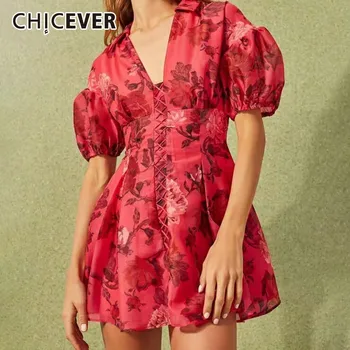 

CHICEVER Vintage Print Dress For Women V Neck Short Puff Sleeve High Waist Pleated Hem Mini A-line The Dresses 2019 Fashion New