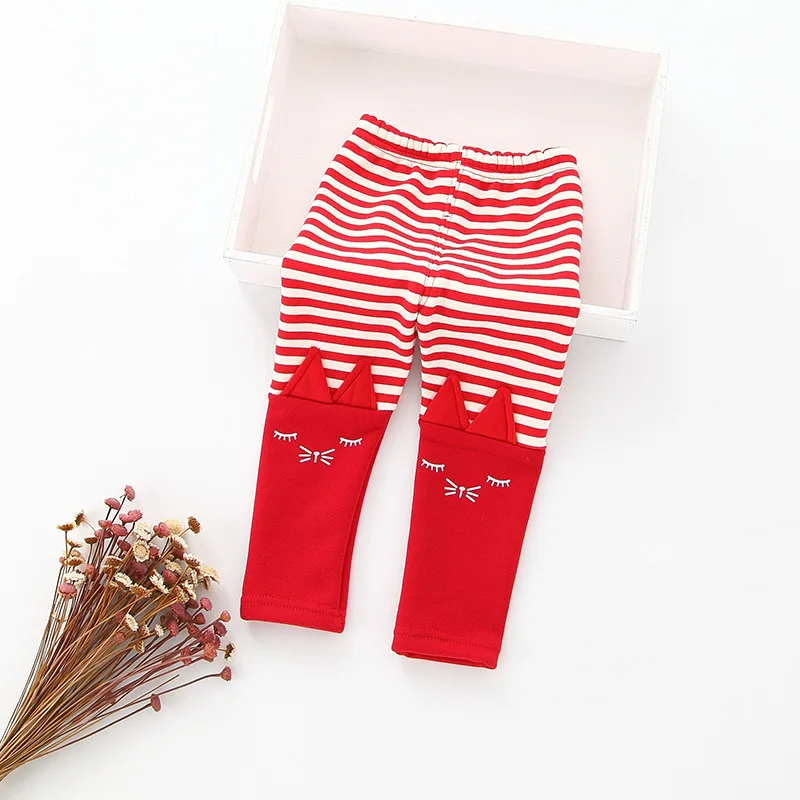 Детские штаны для малышей г. осень-зима, новые хлопковые и шерстяные теплые корейские полосатые леггинсы для девочек от 0 до 3 лет - Цвет: red
