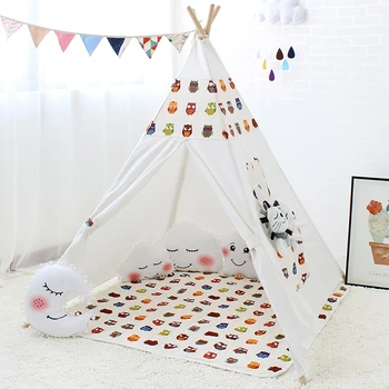 

Indian Children Tent Toy Cartoon Owl Indoor Play House For Baby Room Canvas Teepee Wigwam Tent For Kids Teepee Wooden Pole Tipi