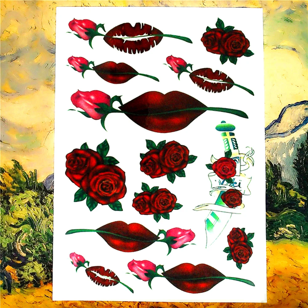 

SHNAPIGN Rad Sexy Lips Rose Temporary Tattoo Body Art Flash Tattoo Stickers 17*10cm Waterproof Fake Car Styling Wall Sticker