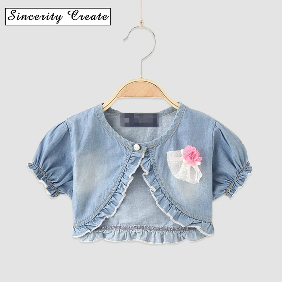 

Kids baby girls Short Sleeve Floral Denim Jackets For Girls Spring Summer dress cardigan for baby girl outerwear coat KC-1821
