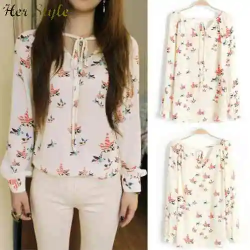 Free Shipping hot sell new color prints long sleeve chiffon shirt collar tether 1426064900 |