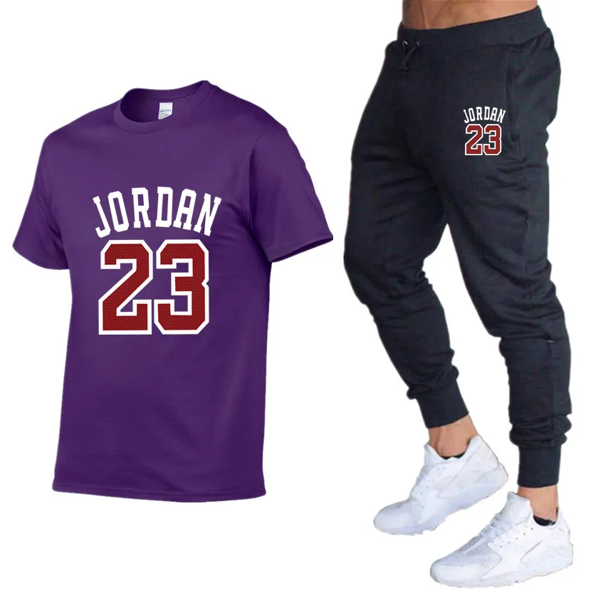 Мужские летние комплекты из двух предметов, футболки+ брюки, мужские хлопковые топы, модные футболки Jordan 23, футболка высокого качества, спортивные костюмы, 2 комплекта - Цвет: Purple 56