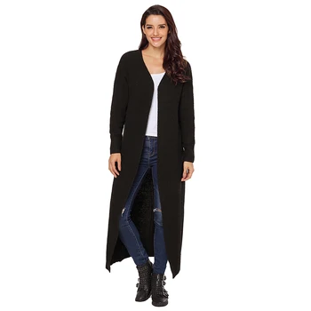 

2018 Women Autumn Casual Solid Color Black Yellow Khaki Open Front Knit Long Cardigan