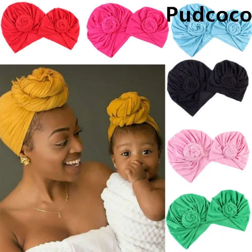 

2019 New Women's Baby's 2PCS Cotton Solid Knot Head Cover Hat Wrap Turban Cap