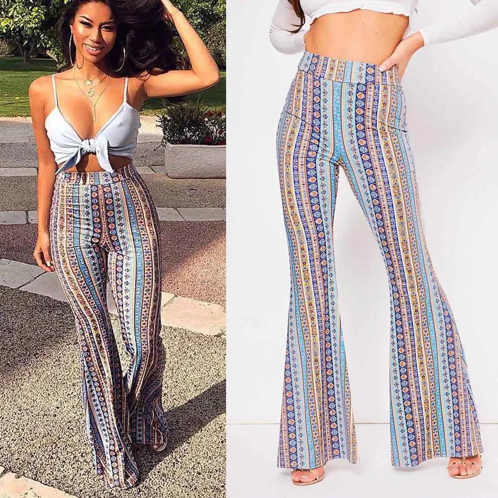 

2019 Women Striped Printed High Elastic Waist Pants Vintage Soft Stretch Ethnic Style New Boho Flare Bell Bottom Hippie Pants