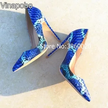 

Vinapobo 2018 NEW ARRIVE Women Shoes Blue Snake Printed Sexy Stilettos High Heels 12cm/10cm/8cm Pointed Toe Women Party Pumps
