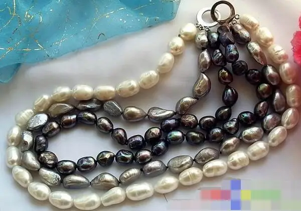 

3554 3ROW WHITE BLACK GRAY BAROQUE FW PEARL NECKLACE