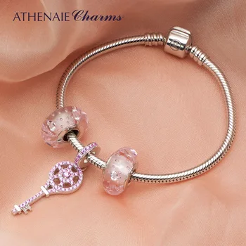 

ATHENAIE 925 Silver Key Pendant Charm Bracelets & Bangle With Pink Heart CZ Beads For Women DIY Jewelry fit Valentine‘ Day’