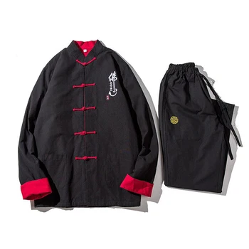 

Chinese Traditional Mandarin Collar Tang Suit Loose Cotton Linen Tai Chi Kung Fu Set New Men Long Sleeve Coat&Pant Size M-5XL