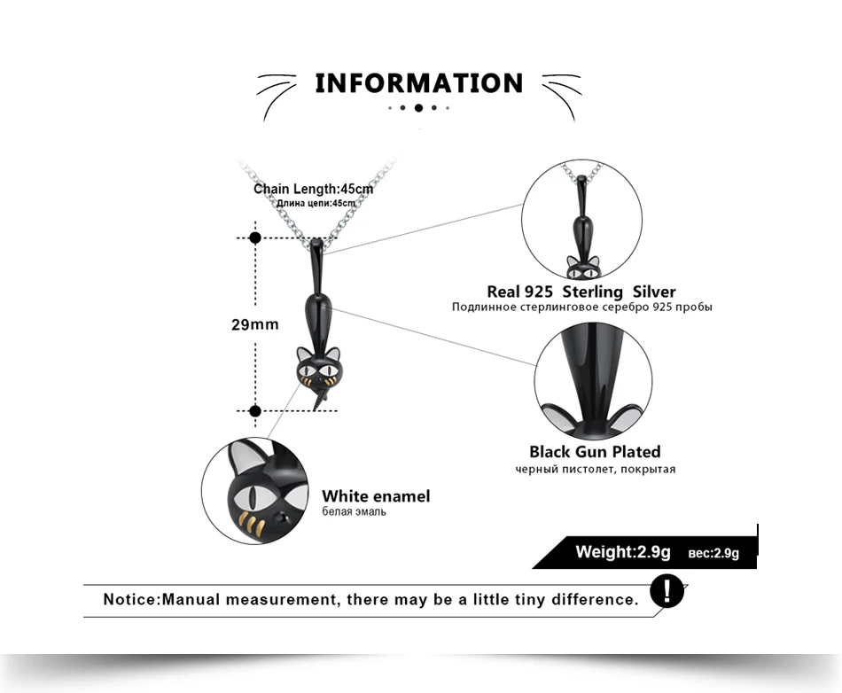 ORSA JEWELS подлинное серебряное ожерелье с подвеской из 925 пробы с черным пистолетом и кошкой, висящее ожерелье с выемками для ходячих кошек, подарок SN98