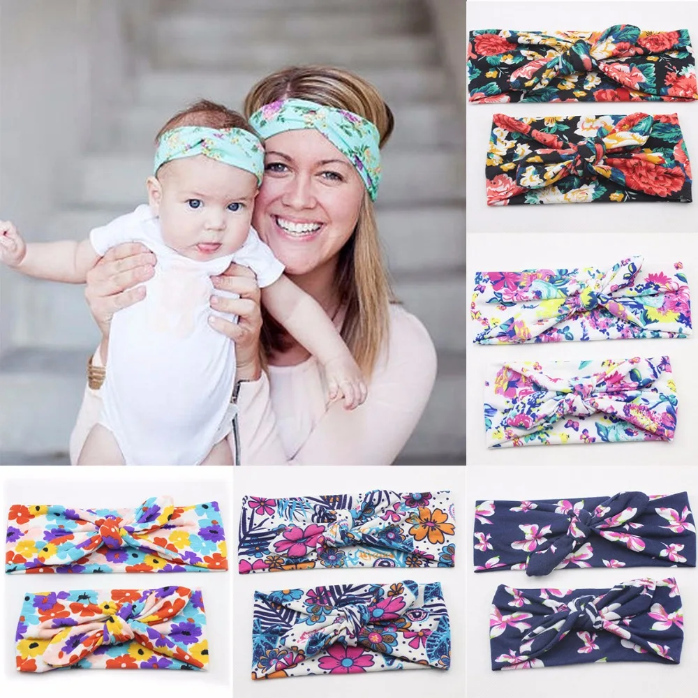 

Puseky 2Pcs Mom and Me Bohemian Turban Headband Top Knotted Rabbit Ears Elastic Bowknot Matching Headband Mommy Newborn Hairband