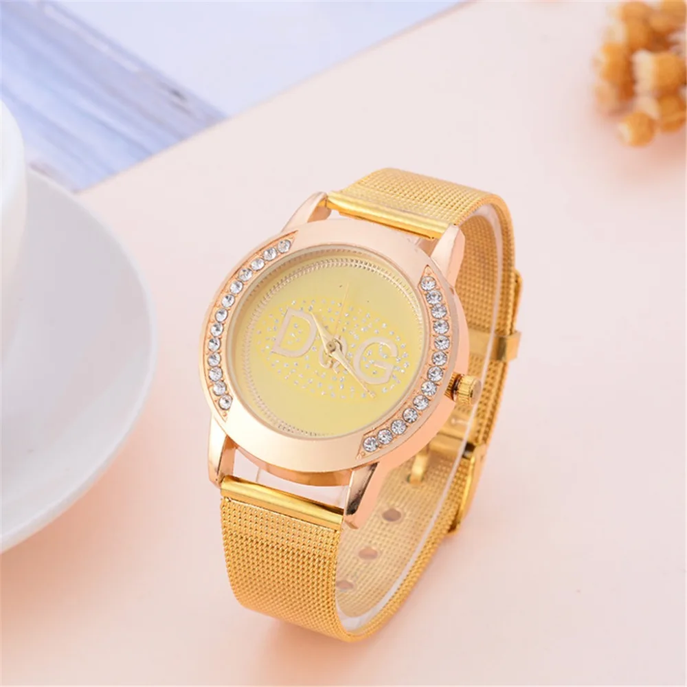 Роскошные модные женские часы простые весы со стразами Женский, сетчатый ремешок Кварцевые Золотые часы подарок для женщин relogio feminino Q4