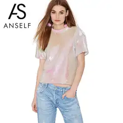 Anself розовый блесток Топ Для женщин Повседневное блестками футболка o Средства ухода за кожей Шеи Рубашка с короткими рукавами Заниженные