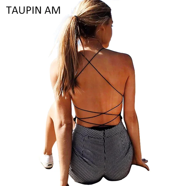 TAUPIN AM Sexy Lace Up Black Bodysuit 2017 New Sleeveless