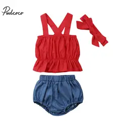 Детские Лето 2018 комплект одежды новорожденных Мода Новое поступление Бесплатная платье Блузка Топ + джинсовые короткие костюм ребенка