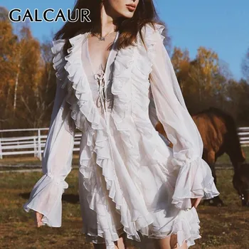 

GALCAUR Elegant Solid Dress For Women V Neck Flare Sleeve High Waist Bandage Ruffles Mini Dresses Female Fashion Summer 2020