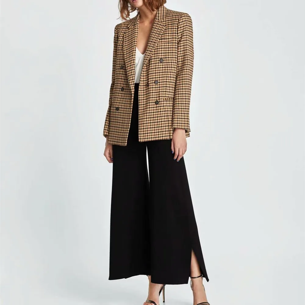 

Hodisytian 2019 Women Blazer Double Breasted Jacket Casual Slim Fit Coat Plaid Pattern Blaser Feminino Cardigans Suits Outerwear