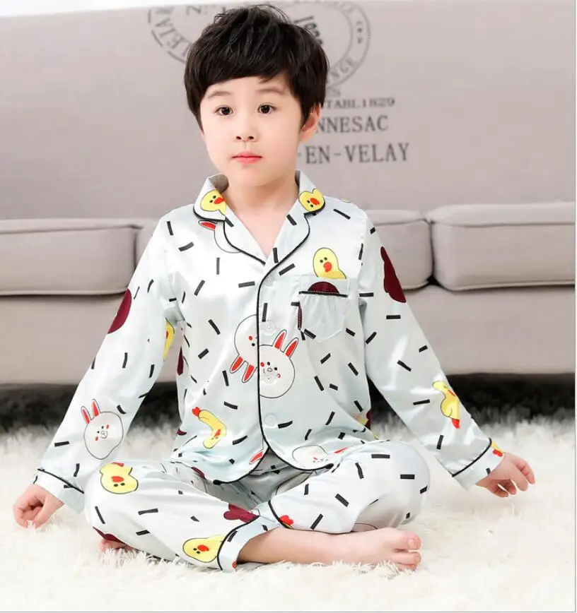 Cartoon long sleeve Детский Шелковый пижамный комплект г., весенне-летний Шелковый пижамный комплект с длинными рукавами для мальчиков и девочек, детская одежда для сна, комплект одежды для сна - Цвет: Cartoon long sleeve