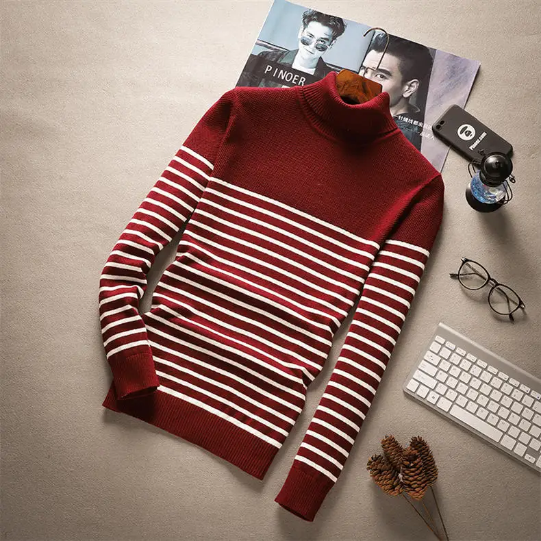 MuLS Striped Sweaters Men Pullover Cotton Knit Male Turtleneck Sweater Jumpers Spring Winter High Neck Knitwear 2018 Autumn New-09