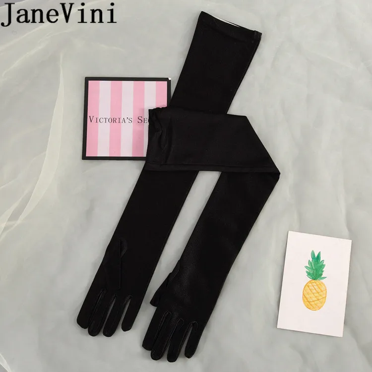 

JaneVini Elegant 23.5" Long Wedding Gloves Bridal Dance Gloves Opera Black White Women Long Party Gloves satijnen handschoenen