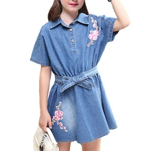 Джинсовое платье для девочек Одежда для детей Повседневное цветочный джинсовые короткие мини-платье на 6, 8, 10, 12 лет цветок Летнее платье для девочек
