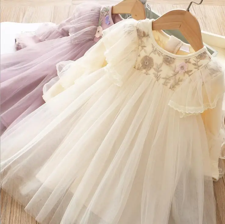

2019 Fall Sweet Embroidery Mesh Dresses For Girls Princess, Children Sweet Dress 5 pcs/lot, Wholesale