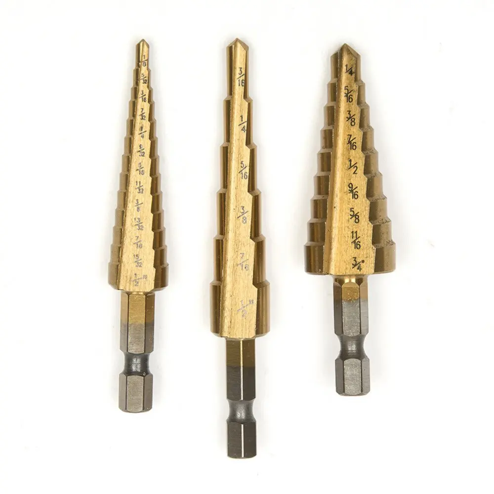 

Step Drill Bits 3Pcs 3 Size HSS4231 Steel Step Cone Titanium Drill Bits Tools Set Hole Cutter