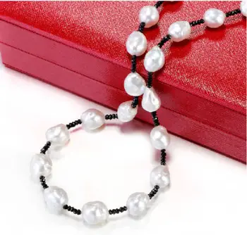 

08148 SOUTH SEA GENUINE BAROQUE WHITE PEARL BLACK CRYSTAL NECKLACE