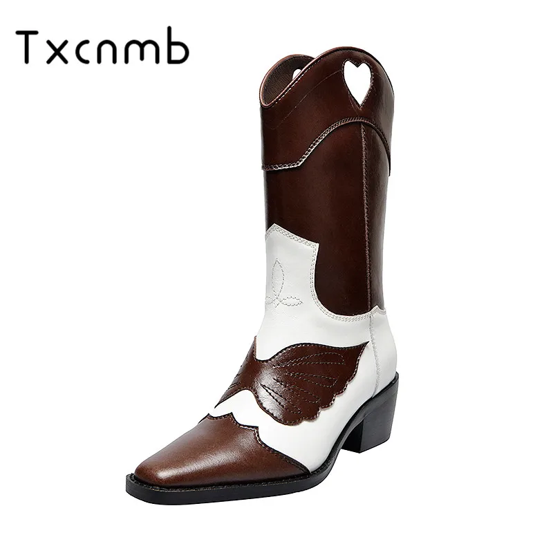 

TXCNMB Brand New Fashion Women Square Toe High Heels mid calf Boots Autumn Winter Genuine Leather Shoes Party Casual Shoes Woman