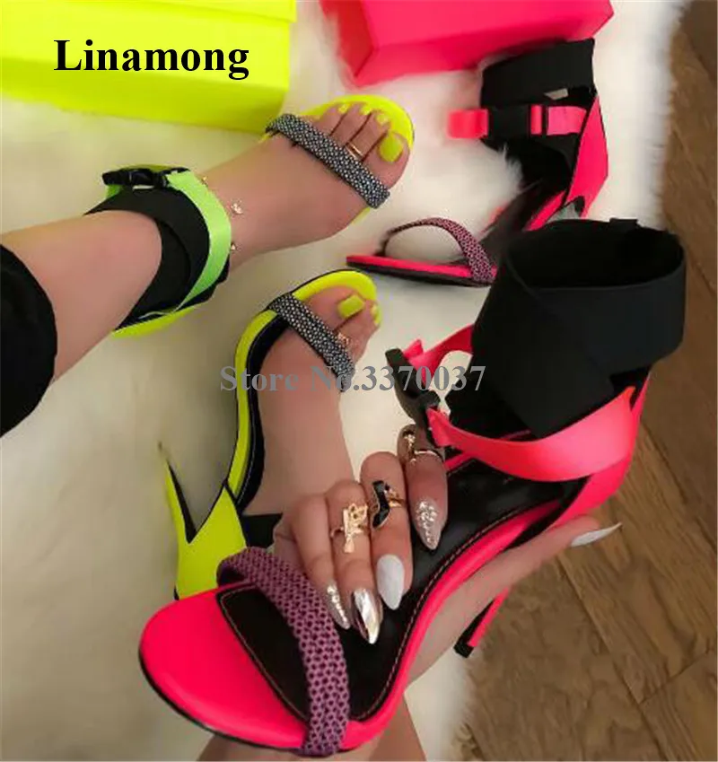 

Hottest Women New Fashion Open Toe Patchwork Stiletto Heel Gladiator Sandals Ankle Wrap Buckles Neon Yellow High Heels Sandals