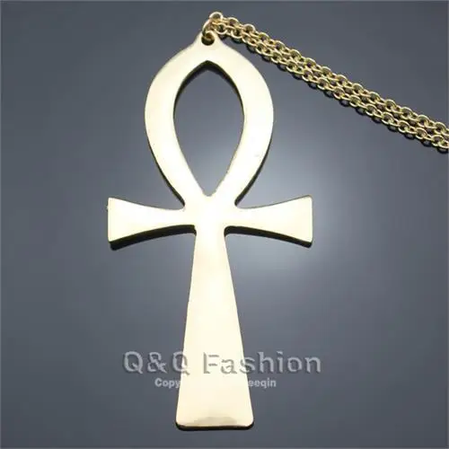 10x5cm Vintage Gold Silver Egyptian Life Big Ankh Cross Pendant Long Chain Sweater Necklace Jewelry Dropshipping - Окраска металла: Светло-желтый цвет