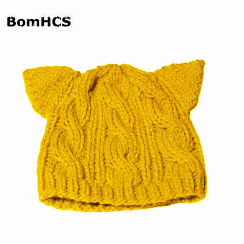BomHCS милые Для женщин зима теплая Ухо кот шапочки связаные крючком ручная работа вязаные шерсть шляпа