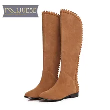 MLJUESE/ г. женские сапоги до колена теплые зимние сапоги из коровьей замши осенние короткие плюшевые сапоги черного цвета с острым носком размер 40