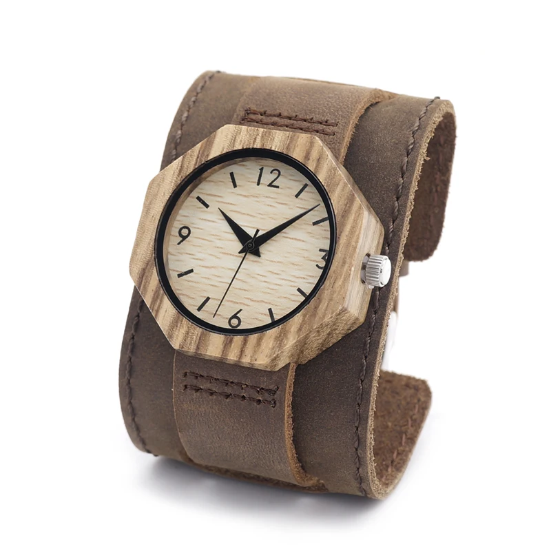 BOBO BIRD Zebra Wooden Quartz Men's Watch Octagon Design Soft Leather Strap Men Women Luxury Bamboo Dial for Unisex