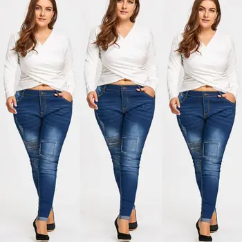 

2017 Women Denim Pants Destroyed Ripped Distressed Slim Boyfriend Jeans Patch Ankle Length Pocket Trousers Blue Plus Size