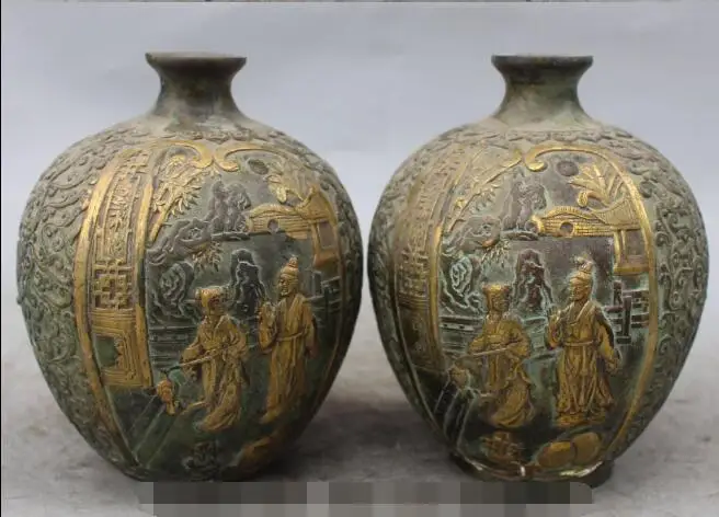 

S1936 6"Marked Chinese Dynasty Bronze Gilt Palace Belle Flower Vase Bottle Statue Pair