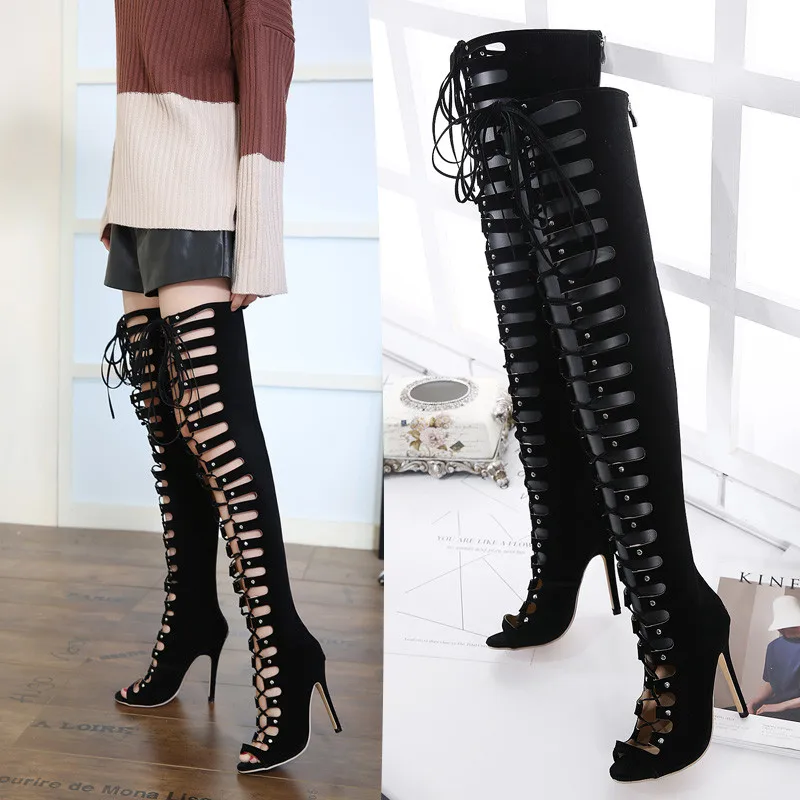 

New Women Over The Knee Boots Sexy Peep Toe Cross tied Lace Up Thigh High Boots Summer Hollow Rome High Heel Ladies Pumps Shoes