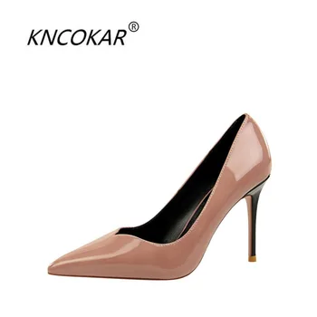 

KNCOKAR 2018 Fashionable spell color fine high heel patent leather shallow-mouthed professional OL sexy show thin single shoe