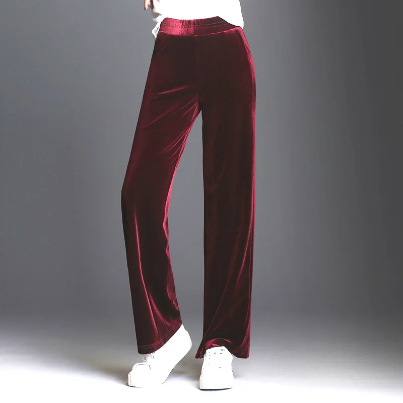 Spring Fall Casual Womens Ladies Wine Red Elastic High Waisted Velvet ...