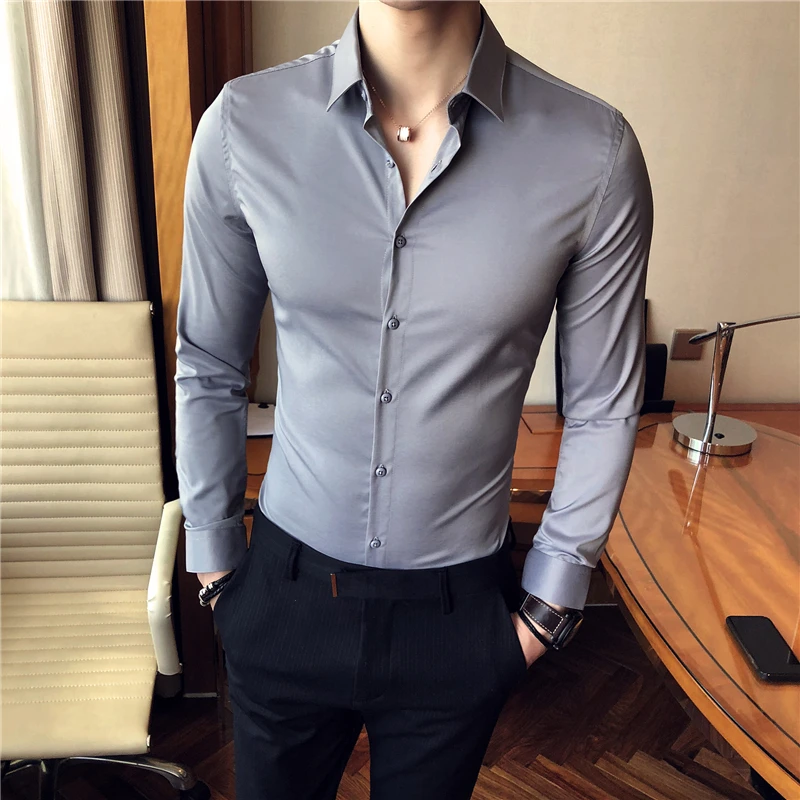 2018 spring new Korean version of the solid color fashion Slim free commerce long-sleeved shirt male British leisure shirt male