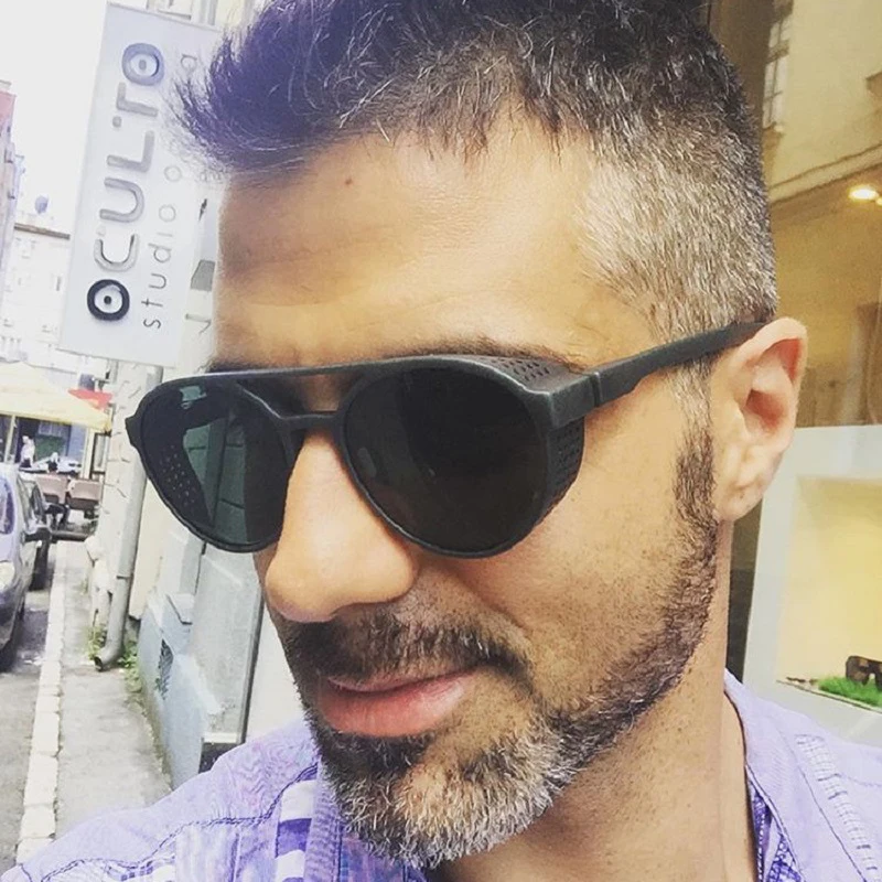 HOKU 2018 New Fashion SteamPunk Sunglasses Men Round Side Mesh Style Sun Glasses Brand Designer Vintage Punk Eyewear W268